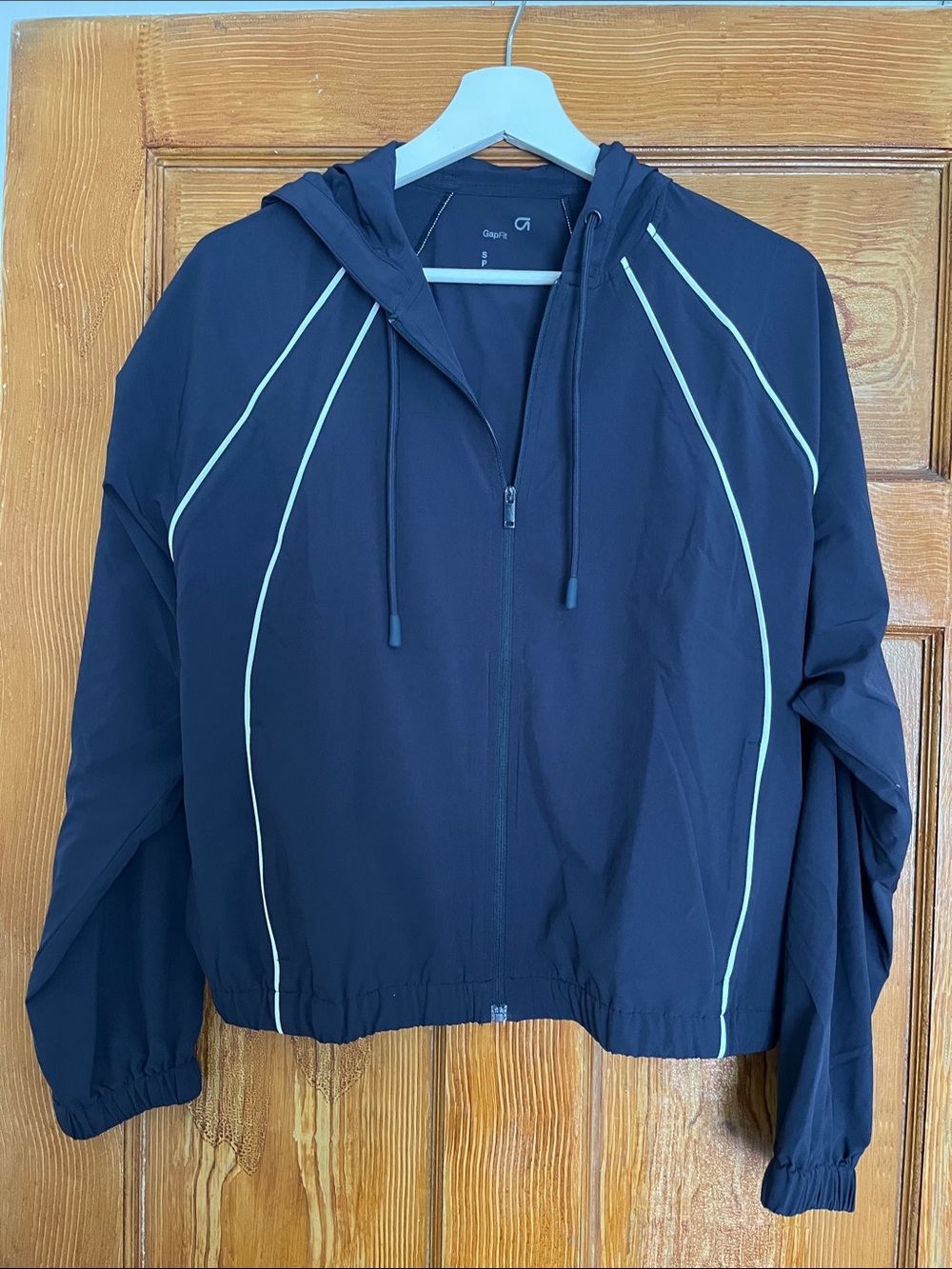 GAP Navy Hooded Windbreaker Jacket with White Piping Accents